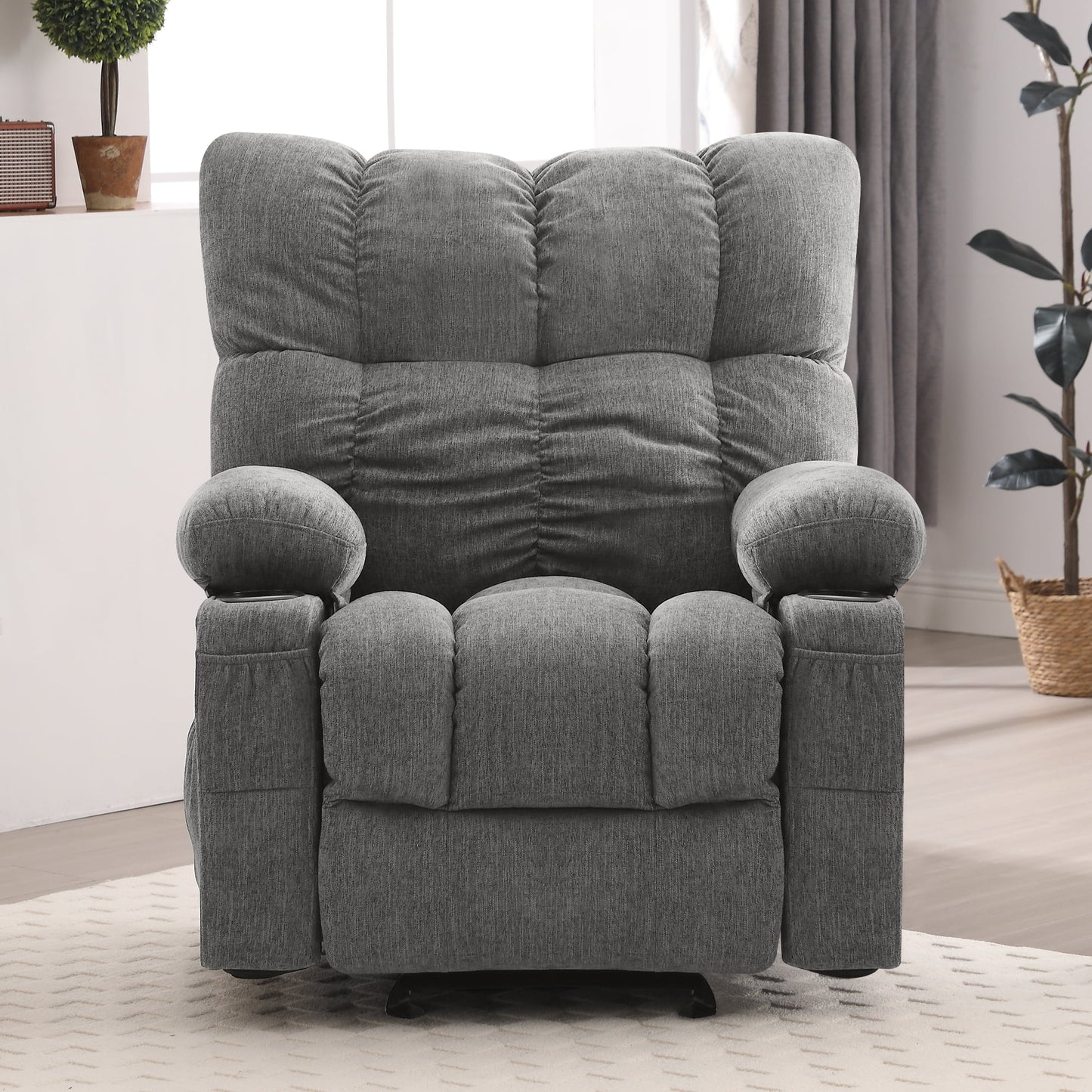 Manual Recliner Chair with Heat Therapy and Massage Function, Heavy Duty Reclining Mechanism Massage Chair, Elderly Single Rocker Sofa with Cup Holders for Bedroom Home Theater,Grey