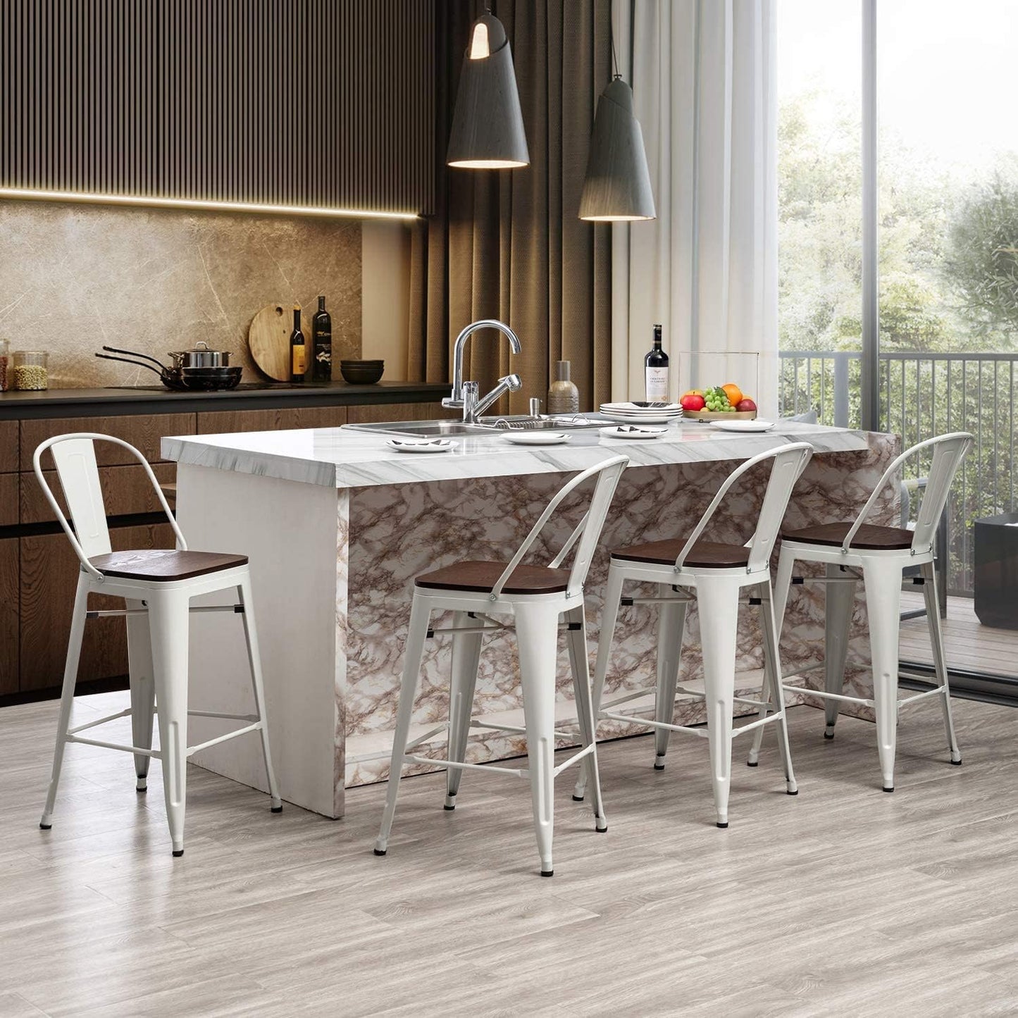 Metal Bar Stools Set of 4,26 Inch Barstools Counter Height Bar Stool with Backs Farmhouse Bar Stools with Larger Seat High Back Kitchen Dining Chairs Modern Bar Chairs White Cream Stool