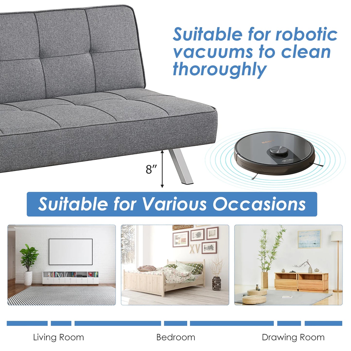 Convertible Futon Sofa Bed Adjustable Sleeper with Stainless Steel Legs