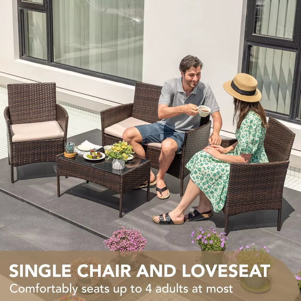 4 Pieces Outdoor Patio Furniture Set, PE Rattan Wicker Chairs Balcony Lawn Porch Patio Furniture Sets with Beige Cushion and Ta