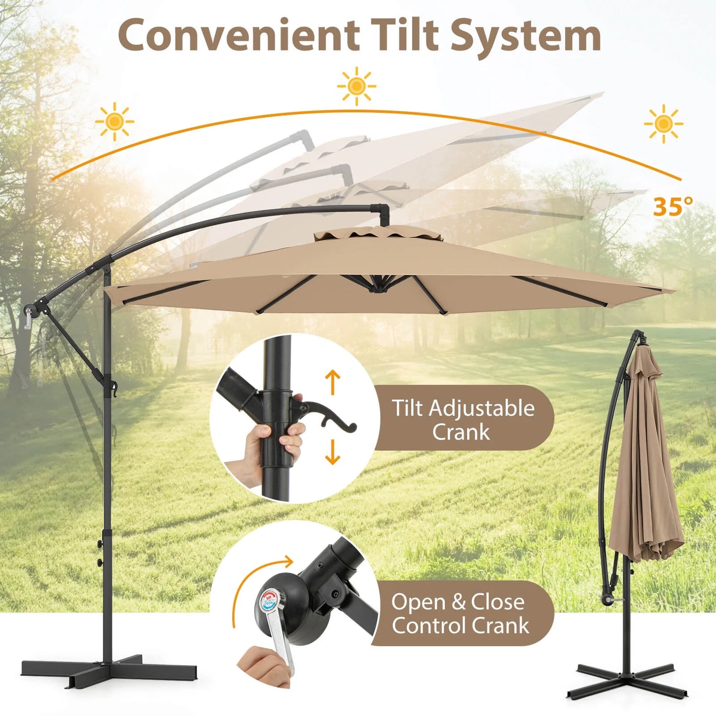 10' Hanging Umbrella Patio Sun Shade Offset Garden Market W/ T Cross Base Tan