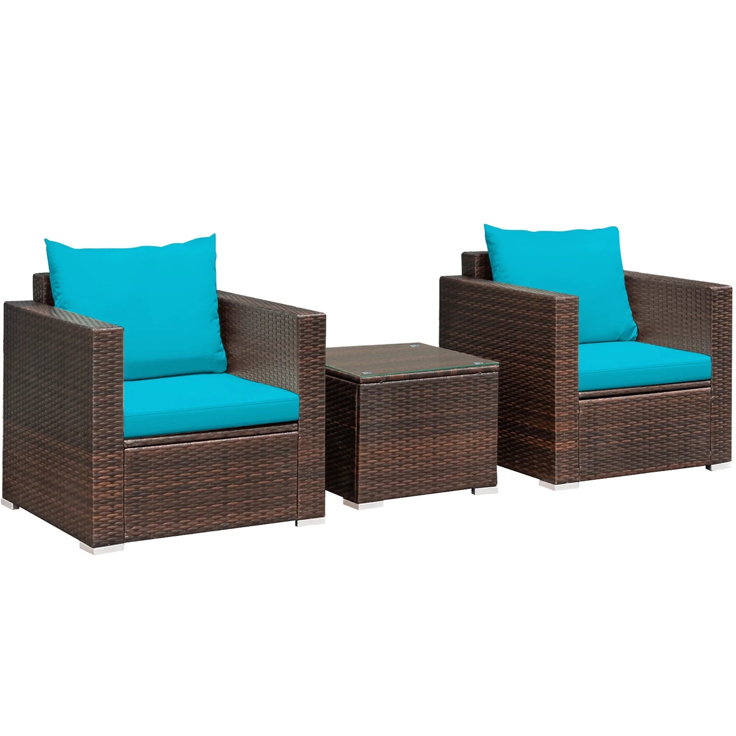 3PCS Patio Rattan Furniture Set Conversation Sofa Cushioned Turquoise