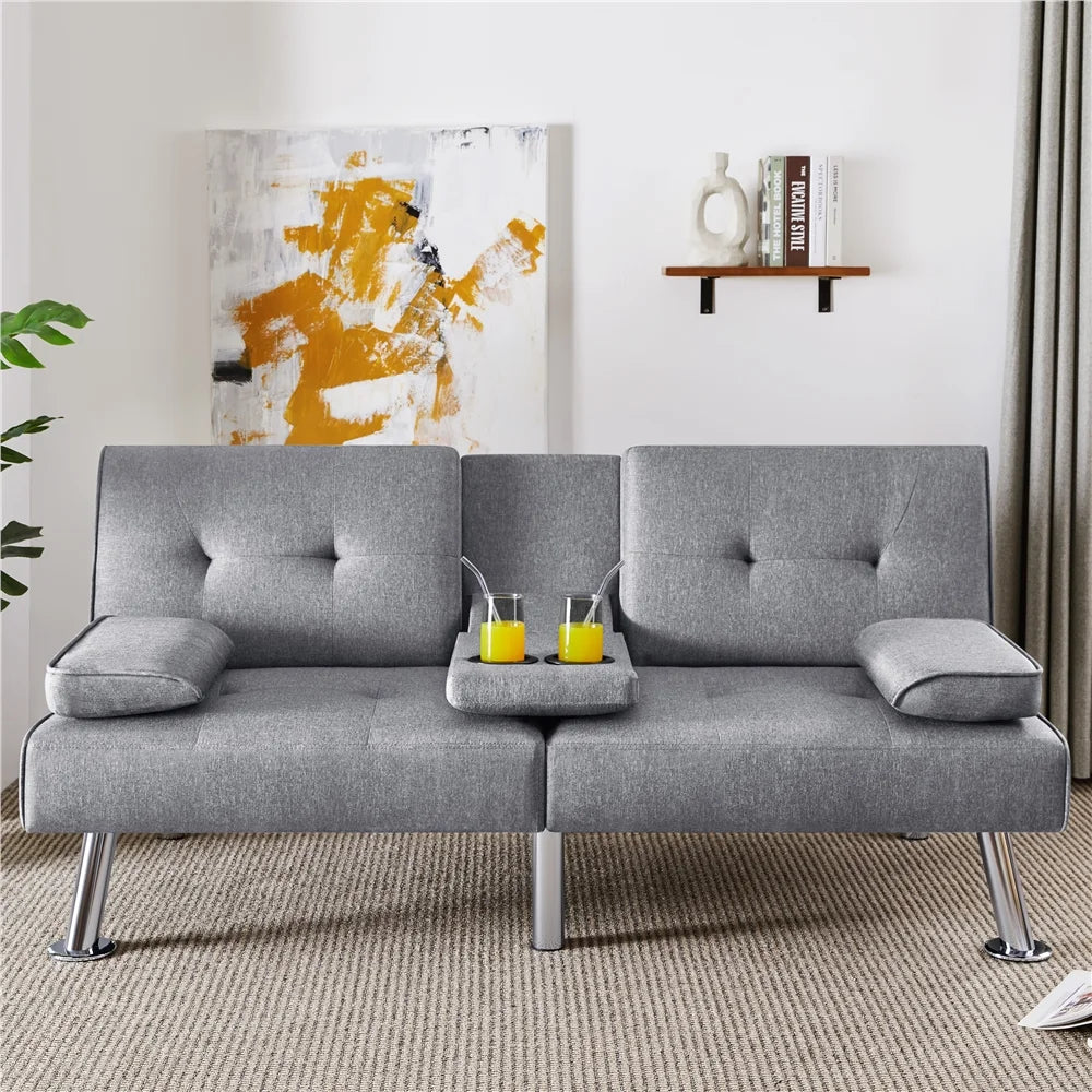Fabric Upholstered Convertible Futon Sofa Bed with Cup Holders and Pillows, Black