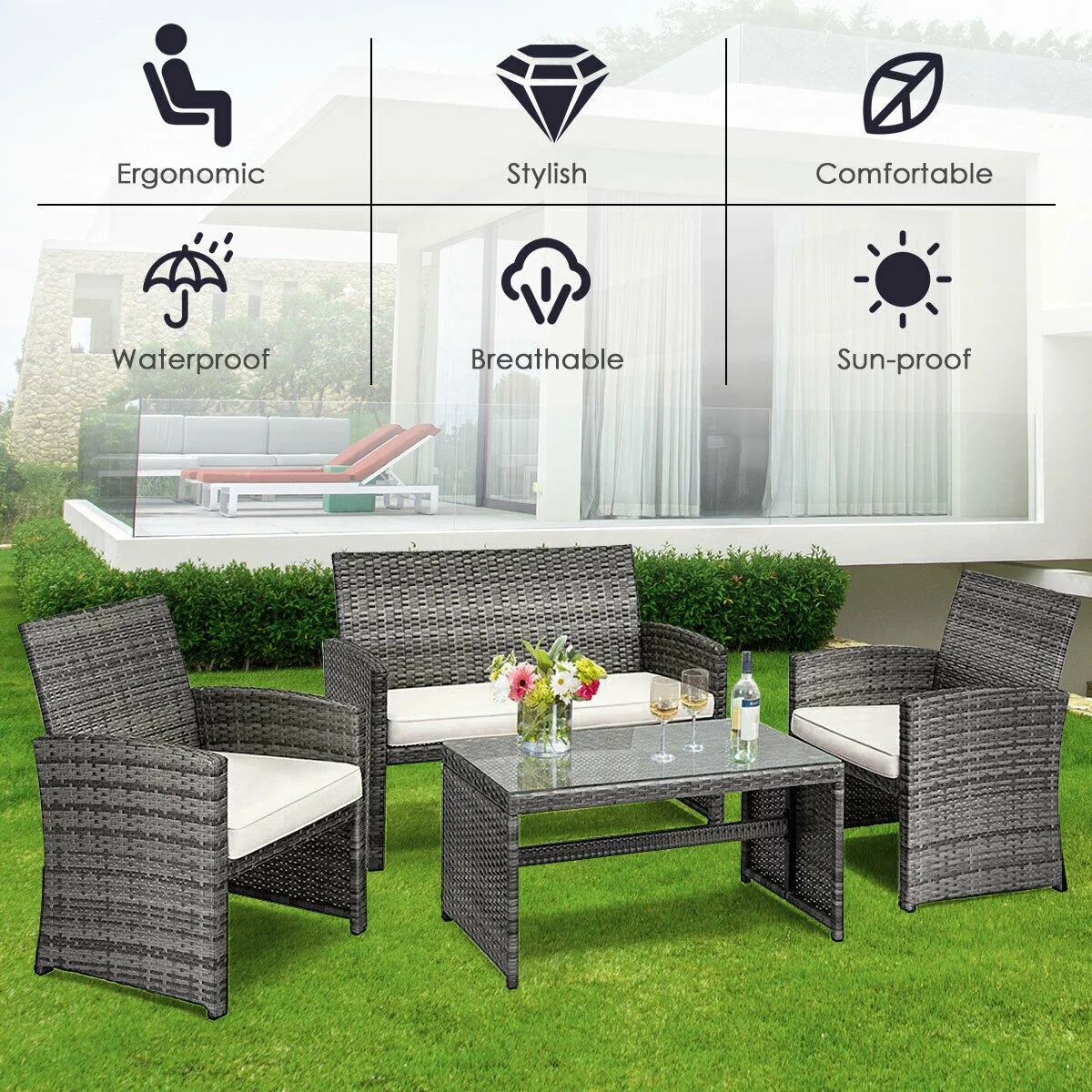 4PCS Rattan Patio Furniture Set Garden Sofa Cushioned Seat Mix Gray Wicker