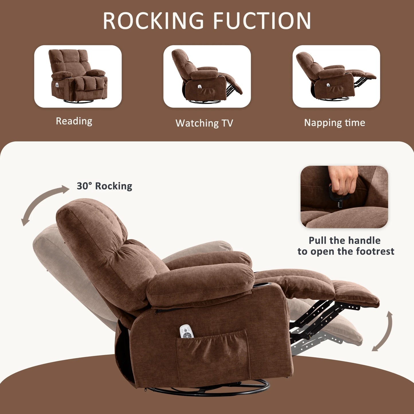 Massage Swivel Rocker Recliner Chair with Vibration Massage and Heat Ergonomic Lounge Chair for Living Room with Rocking Function and Side Pocket, 2 Cup Holders, USB Charge Port,Brown