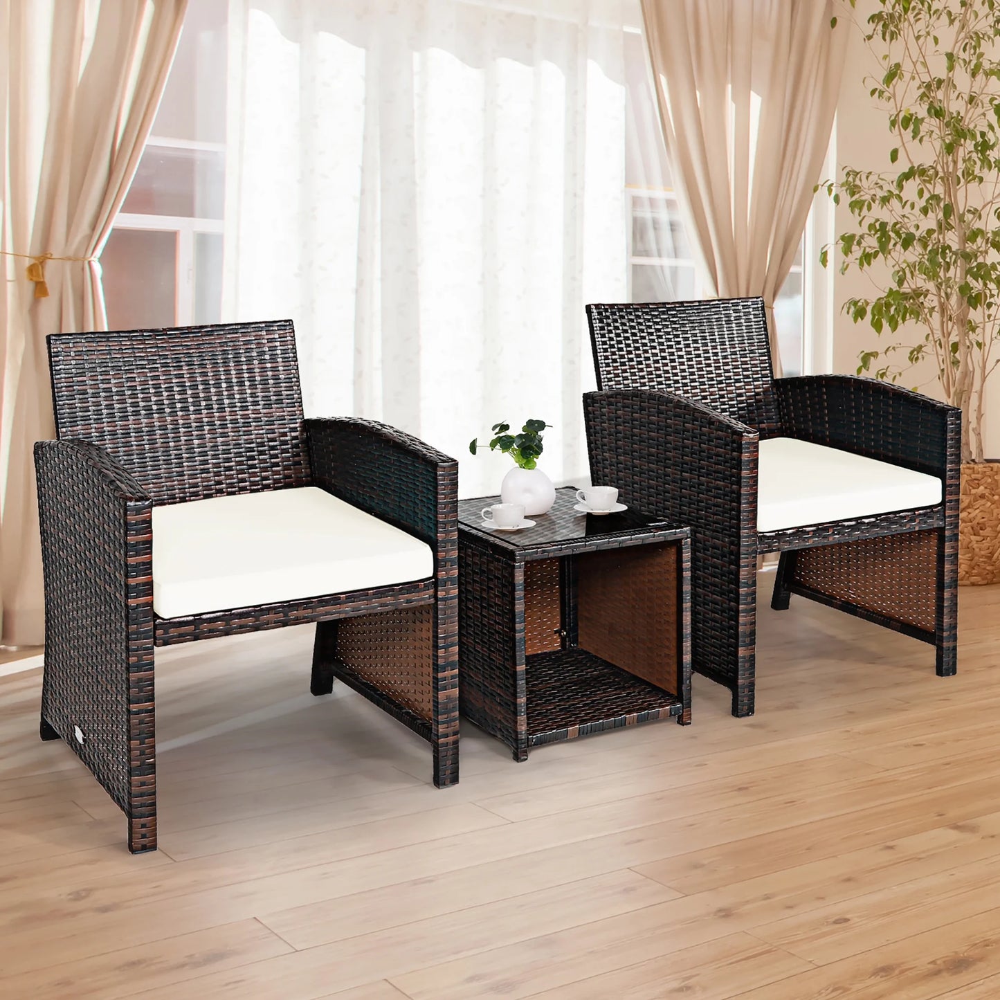 3PCS Patio Rattan Wicker Furniture Cushion Sofa Coffee Table White