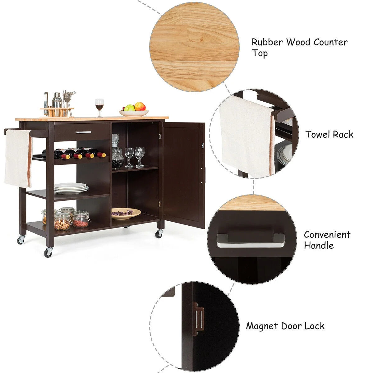4-Tier Wood Kitchen Island Trolley Cart Storage Cabinet Brown