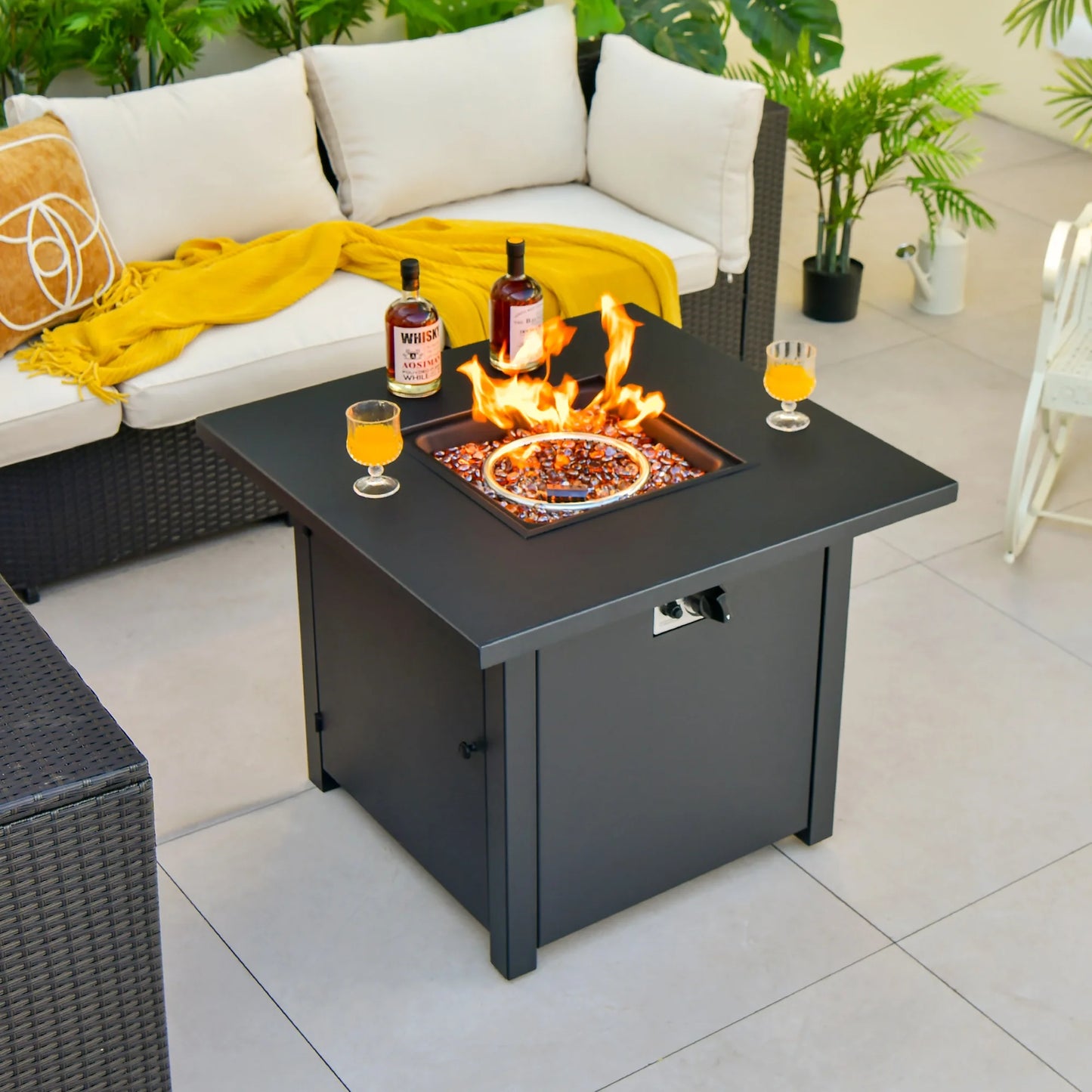 32'' Square Propane Gas Fire Pit Table with Glass Stones Rain Cover 50,000 BTU