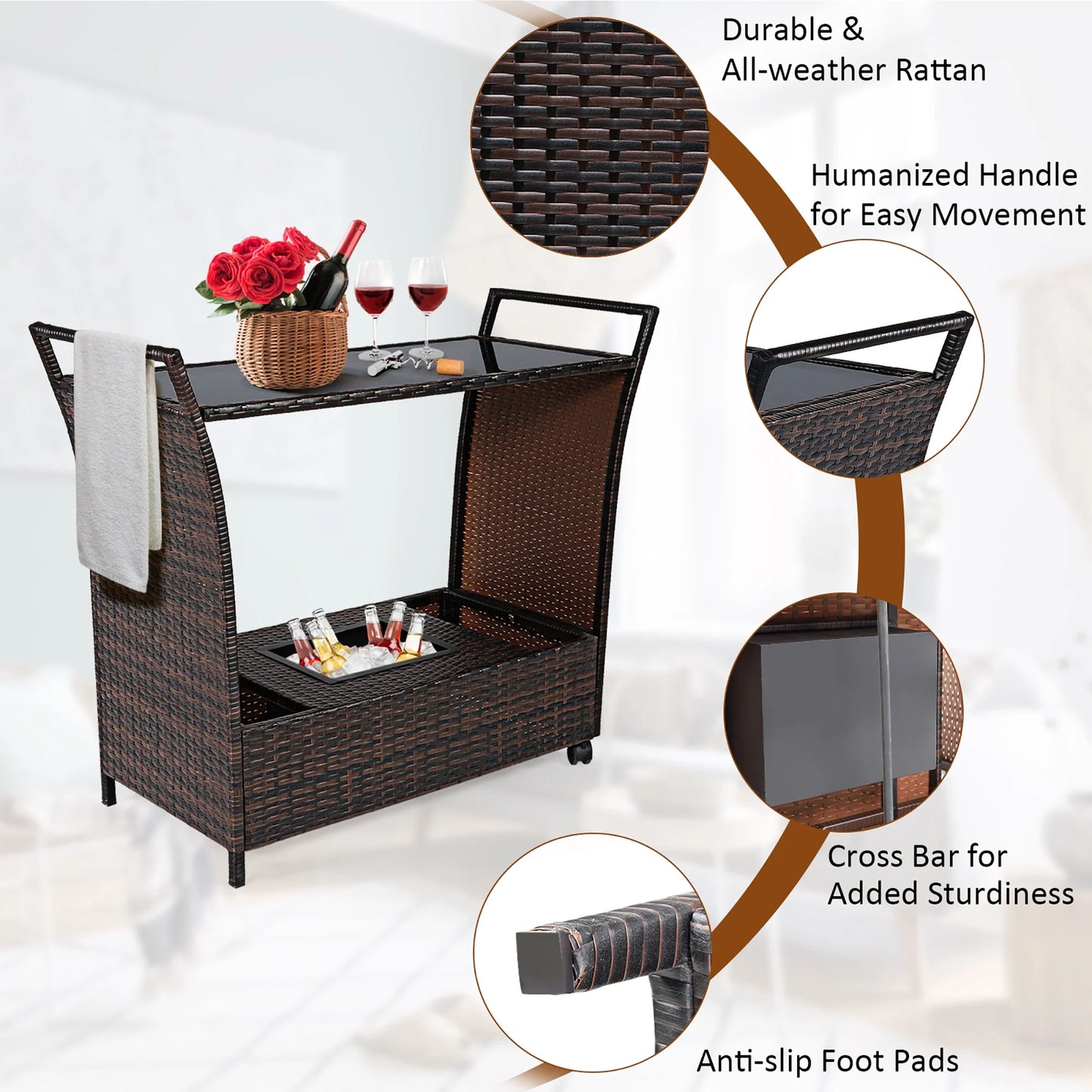 Patio Rolling Rattan Kitchen Trolley Cart Dining Aluminum Frame with Storage Box