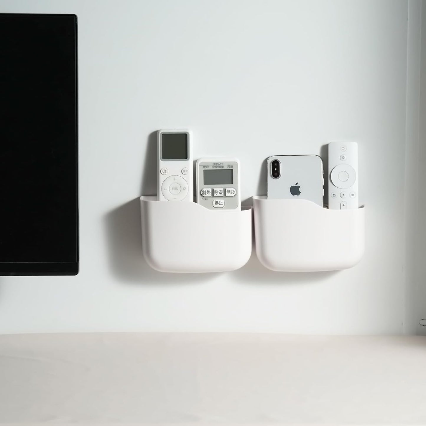 2 Pack TV Remote Holder Wall Mount Remote Control Holder for Bed Universal Bedside Wall Remote Holder Caddy Organizer Hole-Free Remote Control Holder (For 2 or 3 Remote Controls–White
