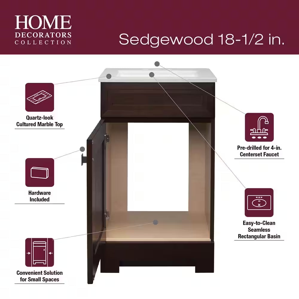 Sedgewood 18.5 In. W X 16.25 In. D X 32.625 In. H Single Sink Bath Vanity in Dark Cognac with Arctic Solid Surface Top