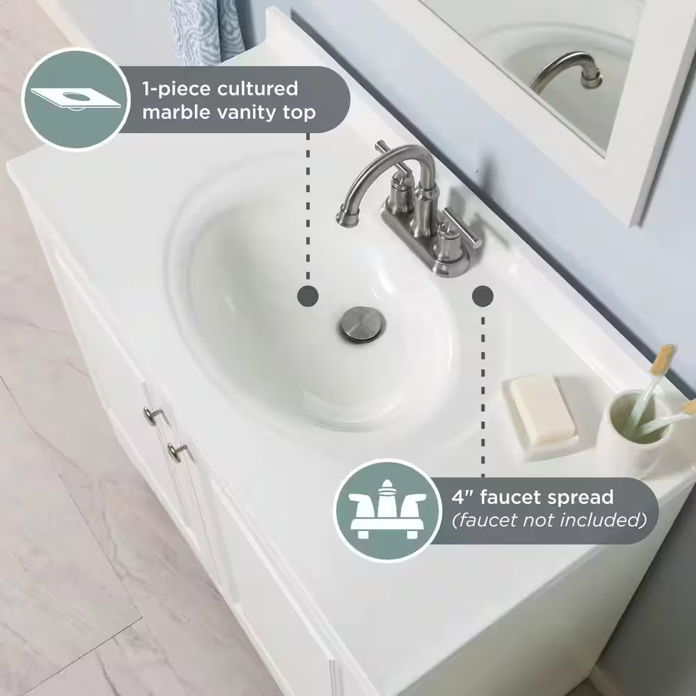 37 In. Single Sink White Bath Vanity with Cultured Marble Top (Assembled)