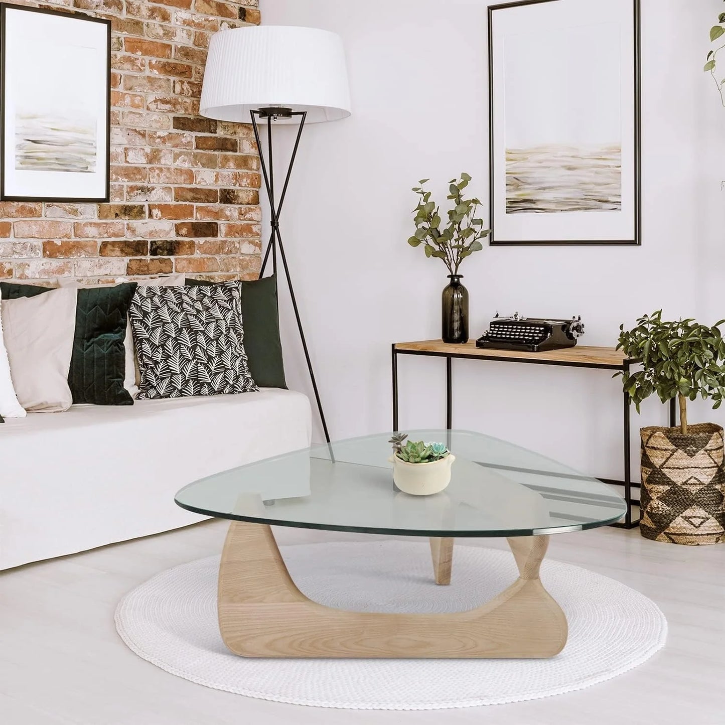 Coffee Tables for Living Room - Triangle Glass Coffee Table with Wooden Base Mid-Century Modern Abstract End Table for Study Room Office Hotel Balcony (Wood Transparent, Small 32.2 * 22.4 * 16In)