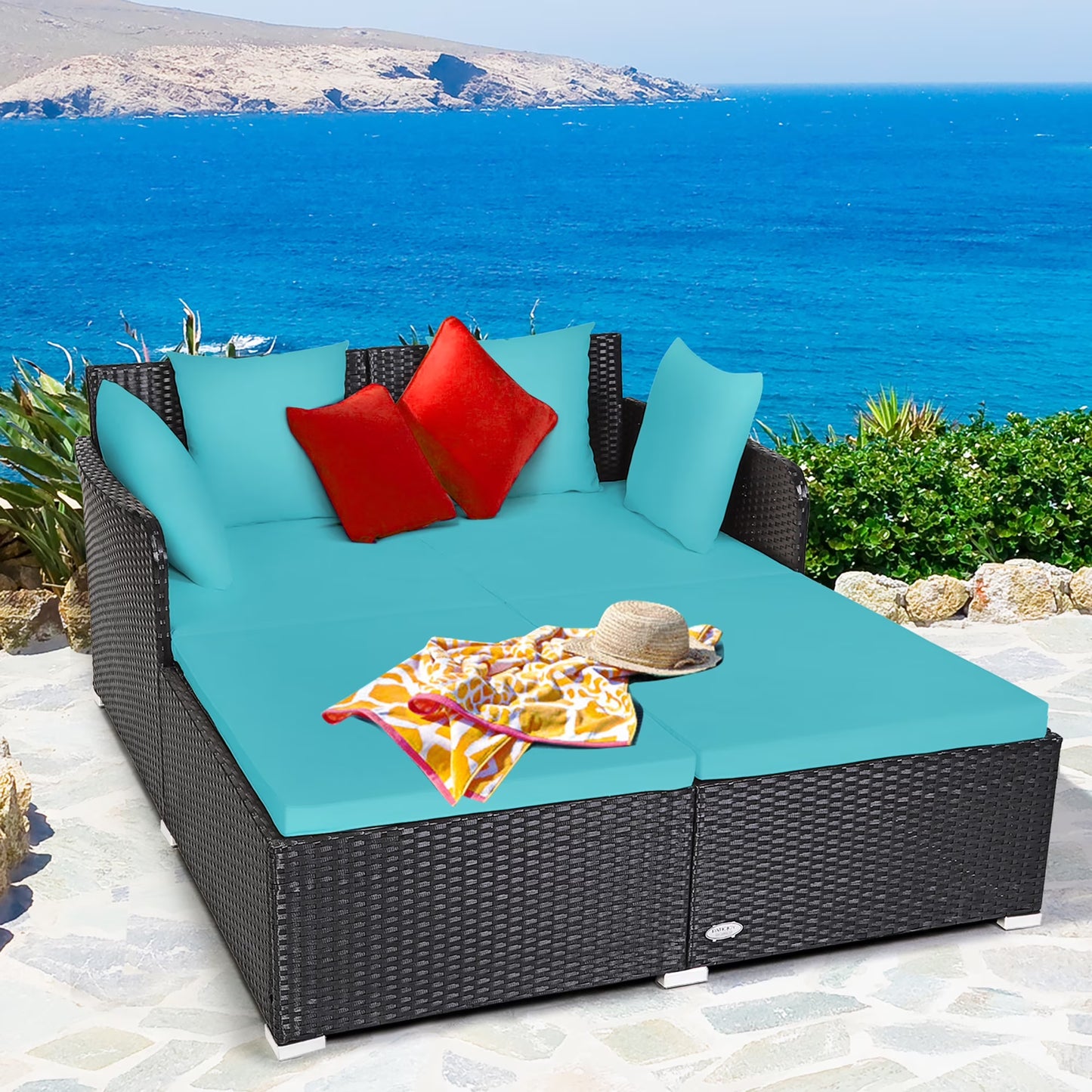 Outdoor Patio Rattan Daybed Pillows Cushioned Sofa Furniture Navy