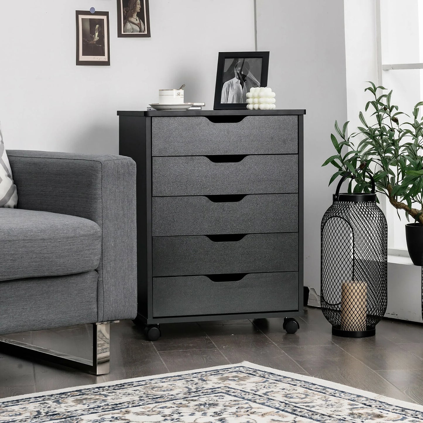 5 Drawer Chest Storage Dresser Floor Cabinet Organizer with Wheels Black