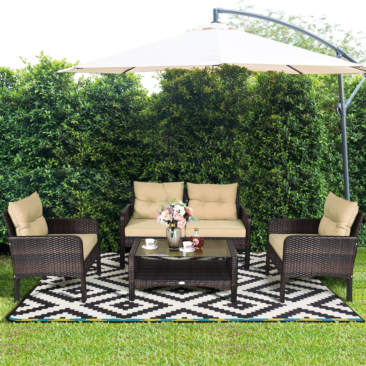 4PCS Patio Rattan Furniture Set Loveseat Sofa Coffee Table Garden W/Red Cushion
