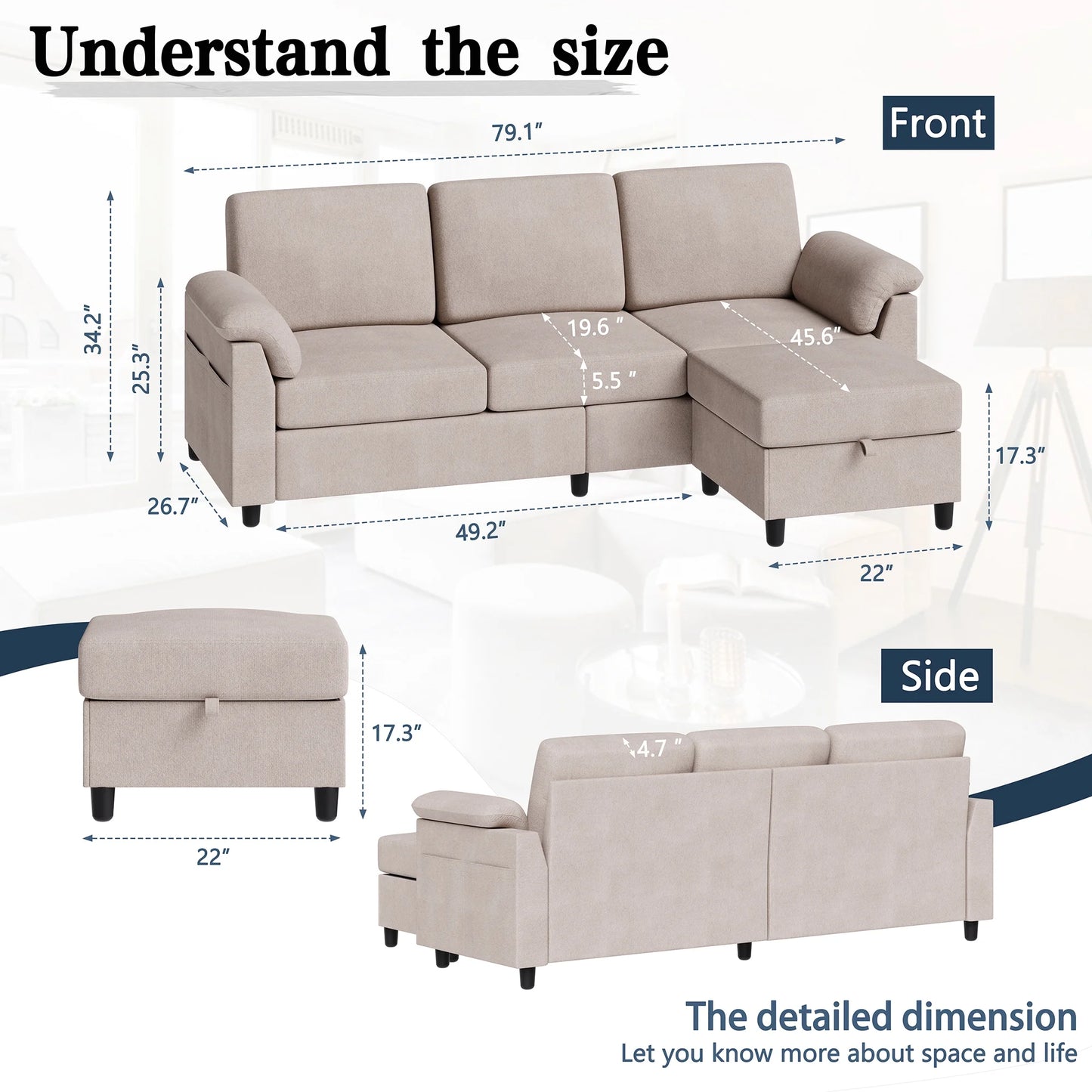 Sectional Sofa with Movable Storage Ottoman, L-Shaped Convertible Sofa Couch for Small Living Room, Beige