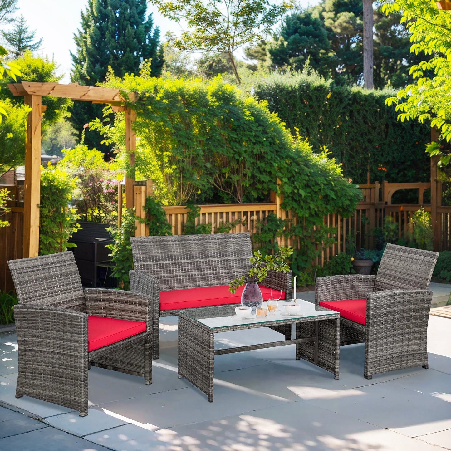 4-Piece Patio Rattan Furniture Set with Cushions & Tempered Glass Tabletop, White