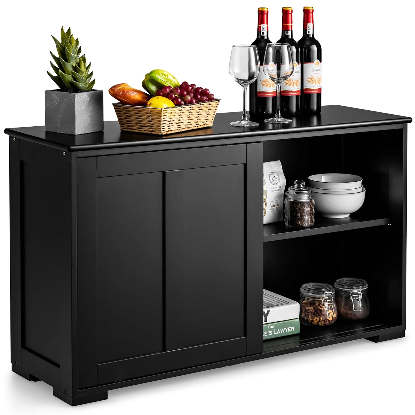 Kitchen Storage Cabinet Sideboard Buffet Cupboard Wood Sliding Door Pantry White