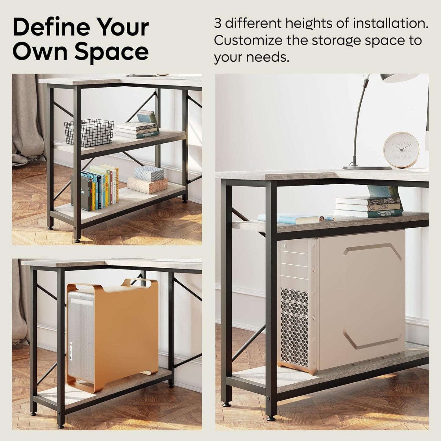 Small L Shaped Desk with Shelves 47 Inch Reversible Corner Computer Desk Writing Gaming Storage Table for Home Office Small Space, Gray Oak