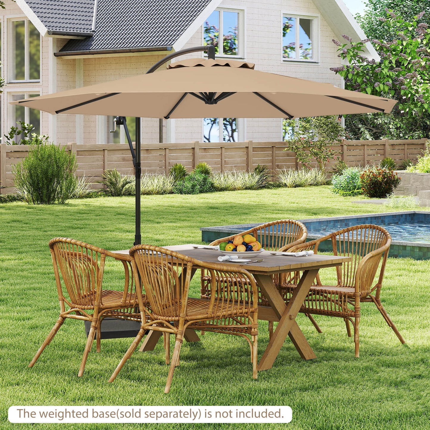 10' Hanging Umbrella Patio Sun Shade Offset Garden Market W/ T Cross Base Tan