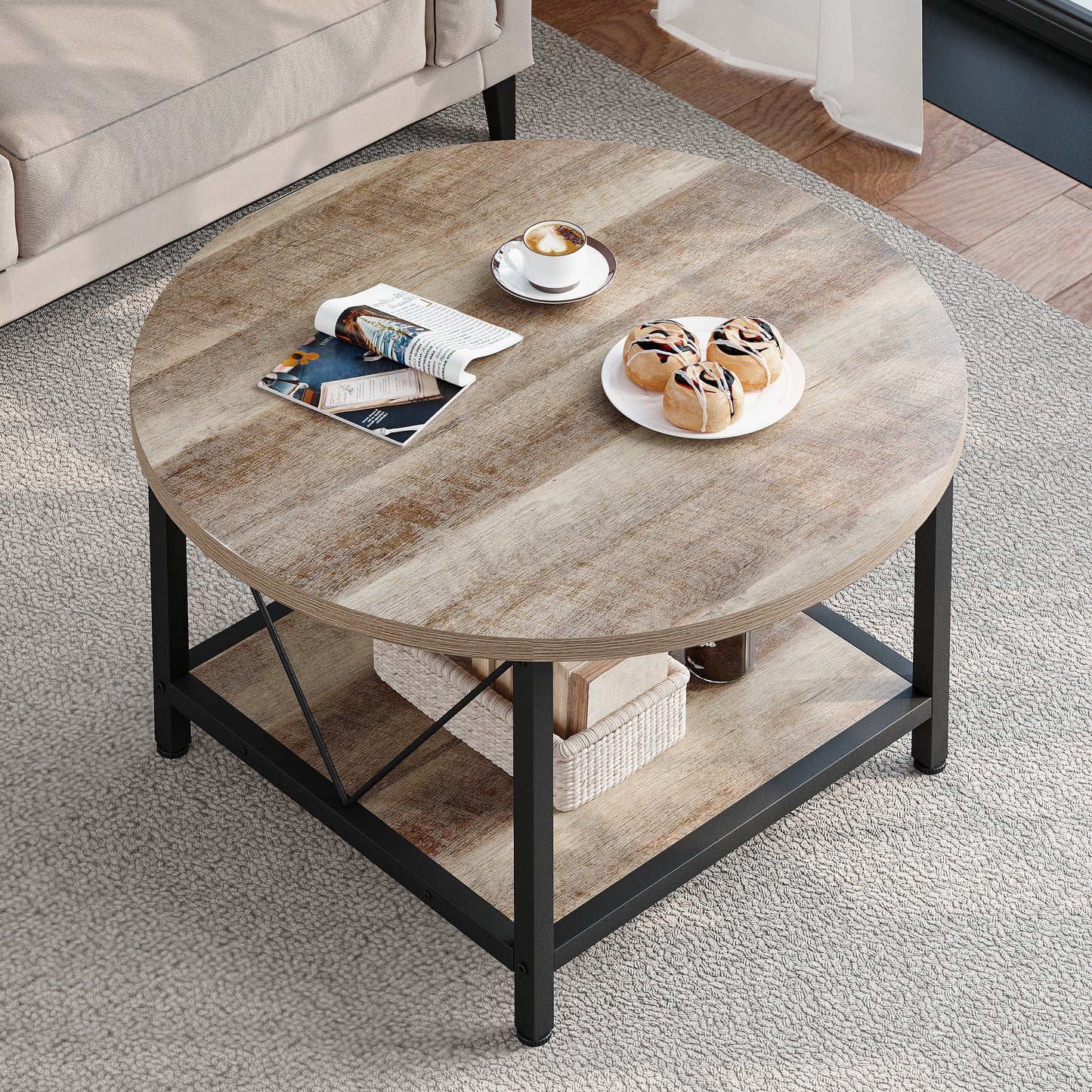 round Coffee Table with Storage, Rustic Living Room Tables with Sturdy Metal Legs, Brown