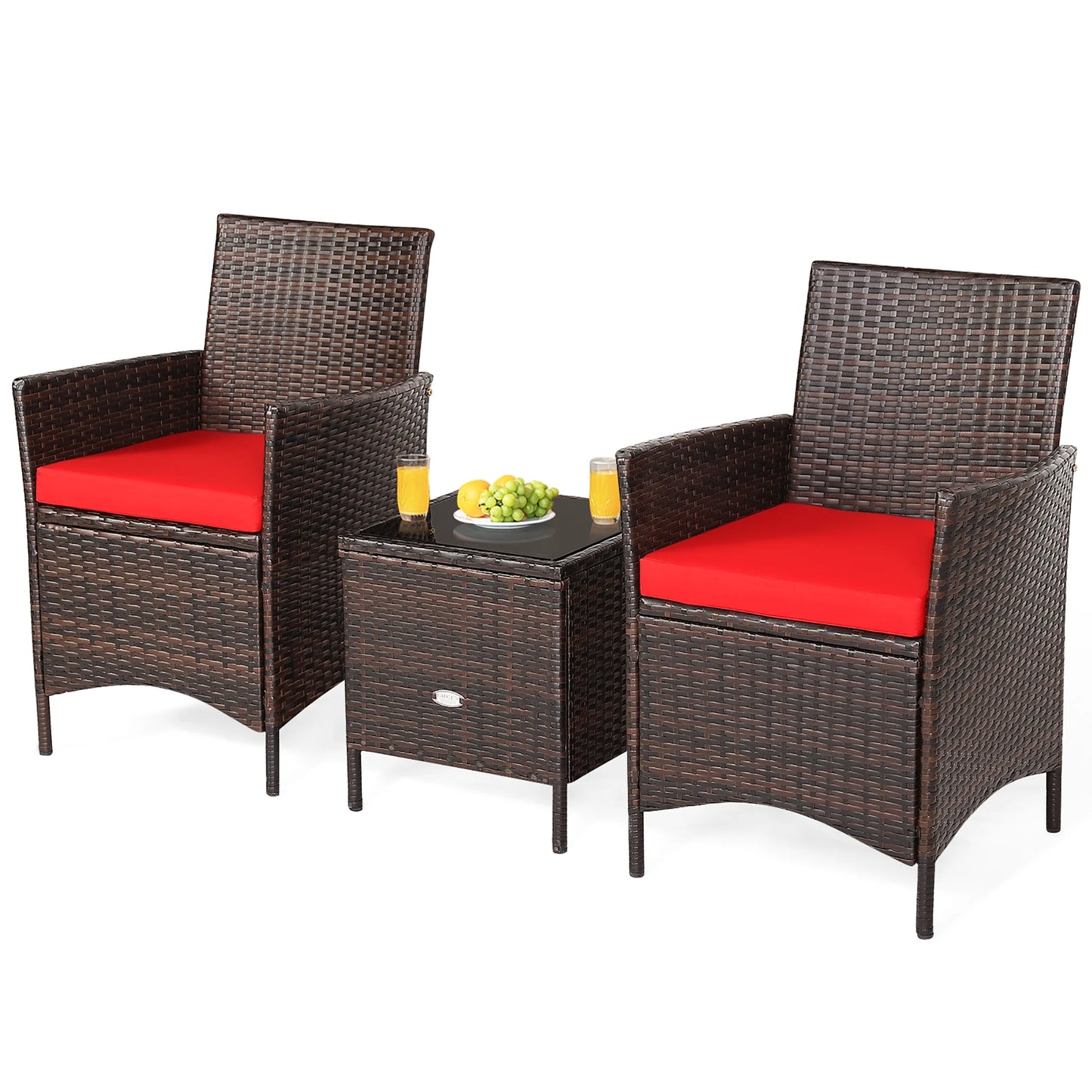 3PCS Patio Rattan Furniture Set Cushioned Sofa Glass Tabletop Deck Red