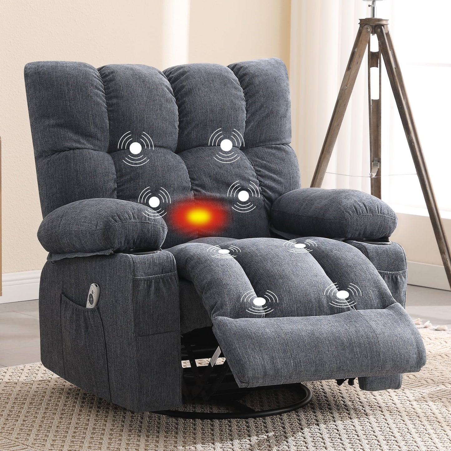 Manual Recliner Chair with Heat Therapy and Massage Function, Heavy Duty Reclining Mechanism Massage Chair, Elderly Single Rocker Sofa with Cup Holders for Bedroom Home Theater,Grey