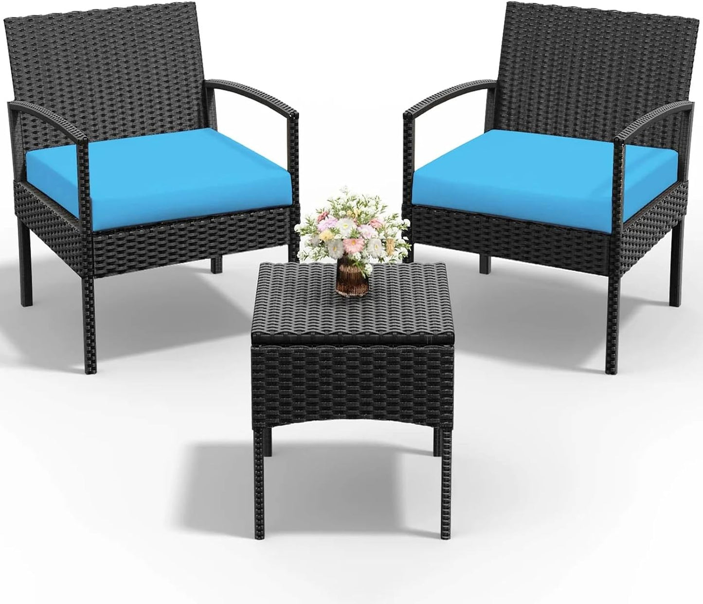 Patio Porch Furniture Set, 3 PCS Outdoor Patio Furniture with Rattan Chairs, Table, Blue Cushions for Garden Porch Balcony Yard
