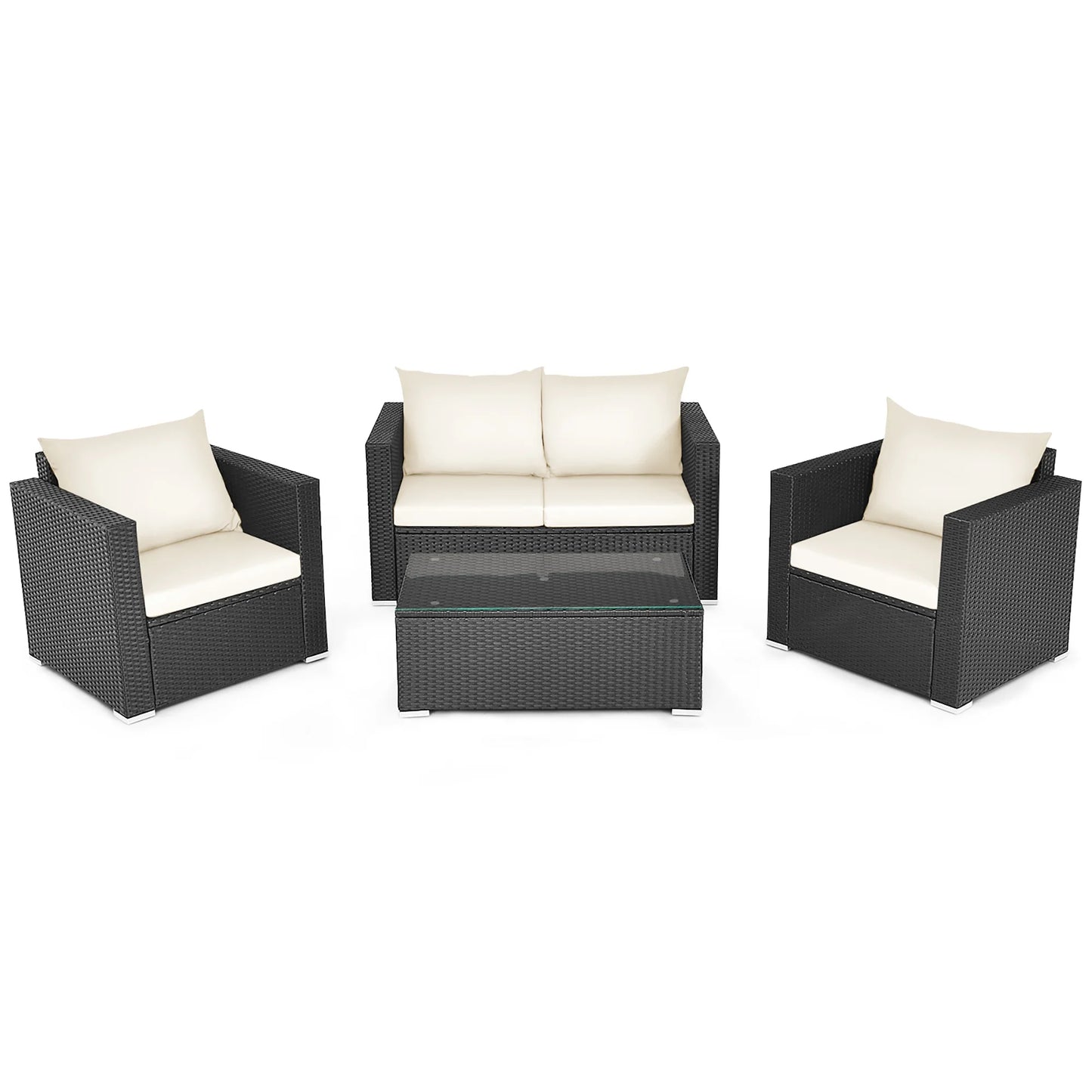 4PCS Patio Rattan Furniture Set Cushioned Loveseat Storage Table Navy