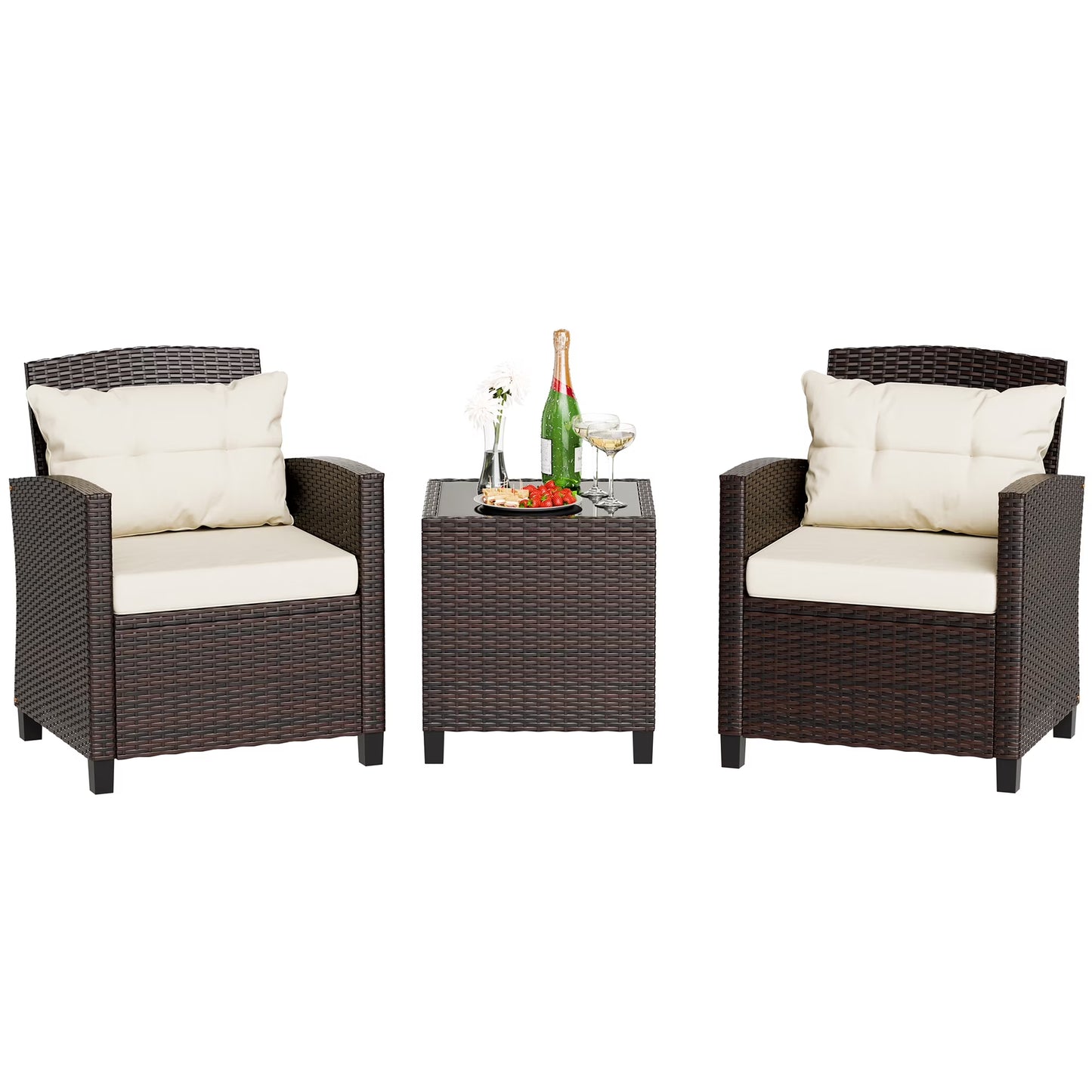 3 Pieces Outdoor Rattan Wicker Patio Furniture Set PE Chairs and Table Set