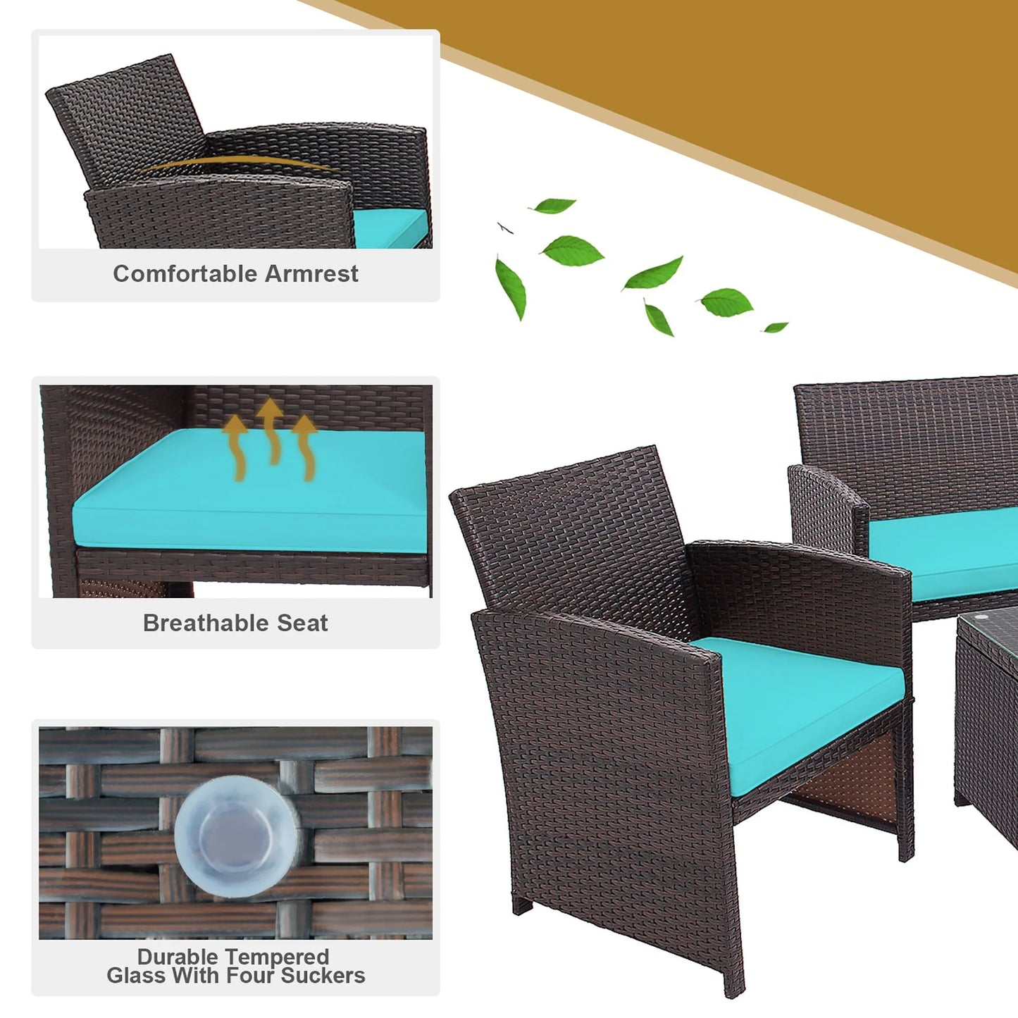 4PCS Patio Rattan Furniture Set Cushioned Chair Sofa Coffee Table Turquoise