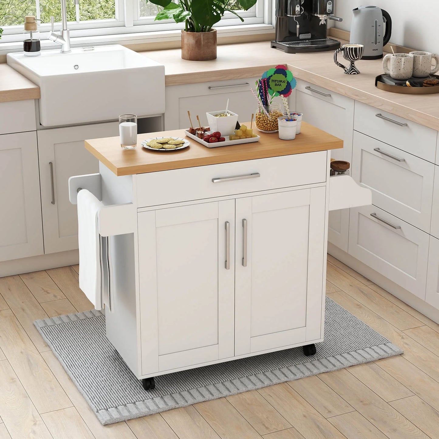 Rolling Kitchen Island Cart Storage Cabinet W/ Towel & Spice Rack White