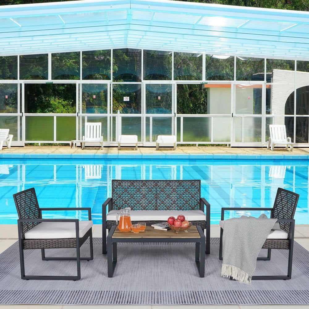 4-Piece Wicker Patio Conversation Set with Cushion, Outdoor Patio Furniture Set with Wood Table Top-Grey Cushions
