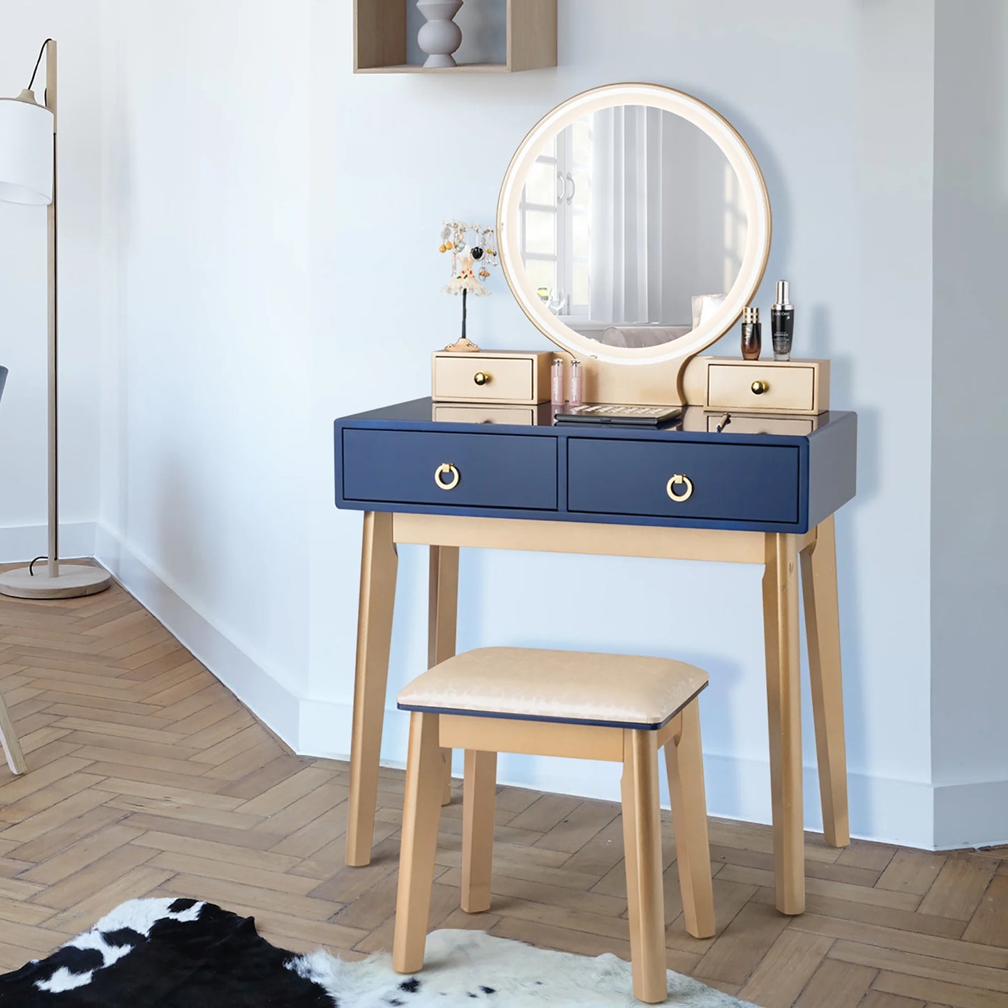 Vanity Makeup Table Touch Screen 3 Lighting Modes Dressing Table Set Navy Blue