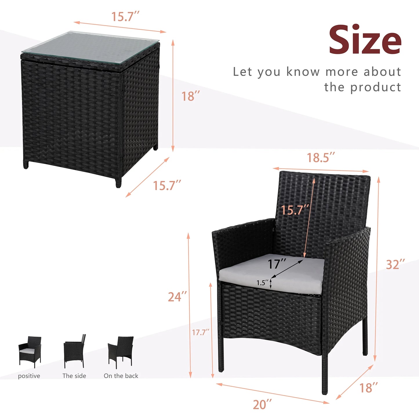 3 Pieces Outdoor Rattan Wicker Patio Furniture Set PE Chairs and Table Set