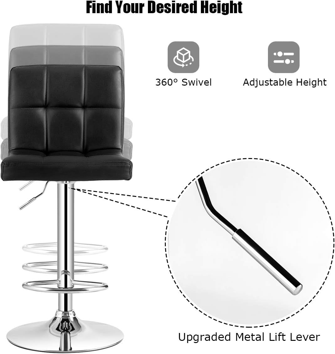 Adjustable Bar Stools Set of 2, Modern Swivel PU Leather Bar Chair with Backrest, Soft Cushioned Seat, Footrest, Sturdy Metal Frame, Comfortable Barstools for Kitchen Island, Pub, Black