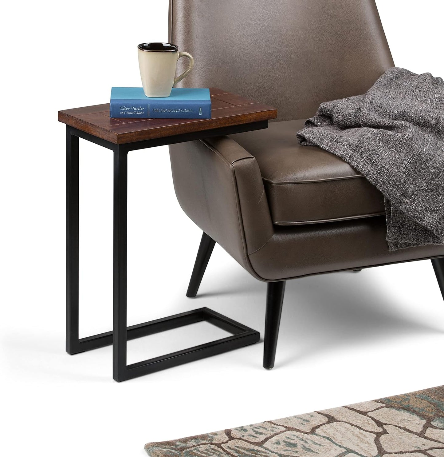 Skyler 18-Inch Wide Solid Mango/Metal Industrial C-Shaped End Table in Dark Cognac Brown/Black for Living Room, Office, or Bedroom, Assembled