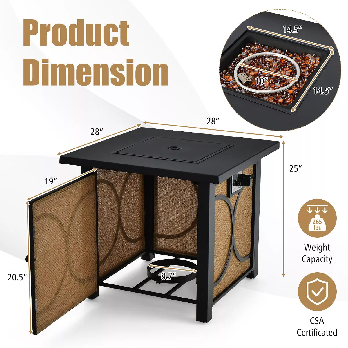 Costway 28 Inch Square Propane Gas Fire Pit Table with Fire Glasses &Rain Cover 50,000 BTU