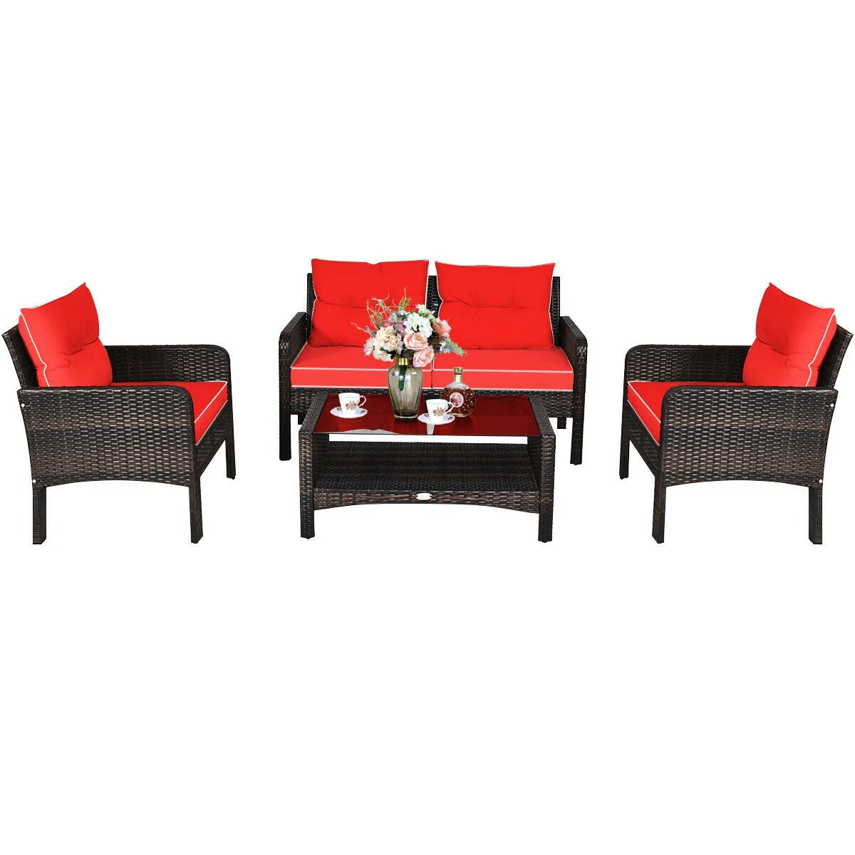 4PCS Patio Rattan Furniture Set Loveseat Sofa Coffee Table Garden W/Red Cushion