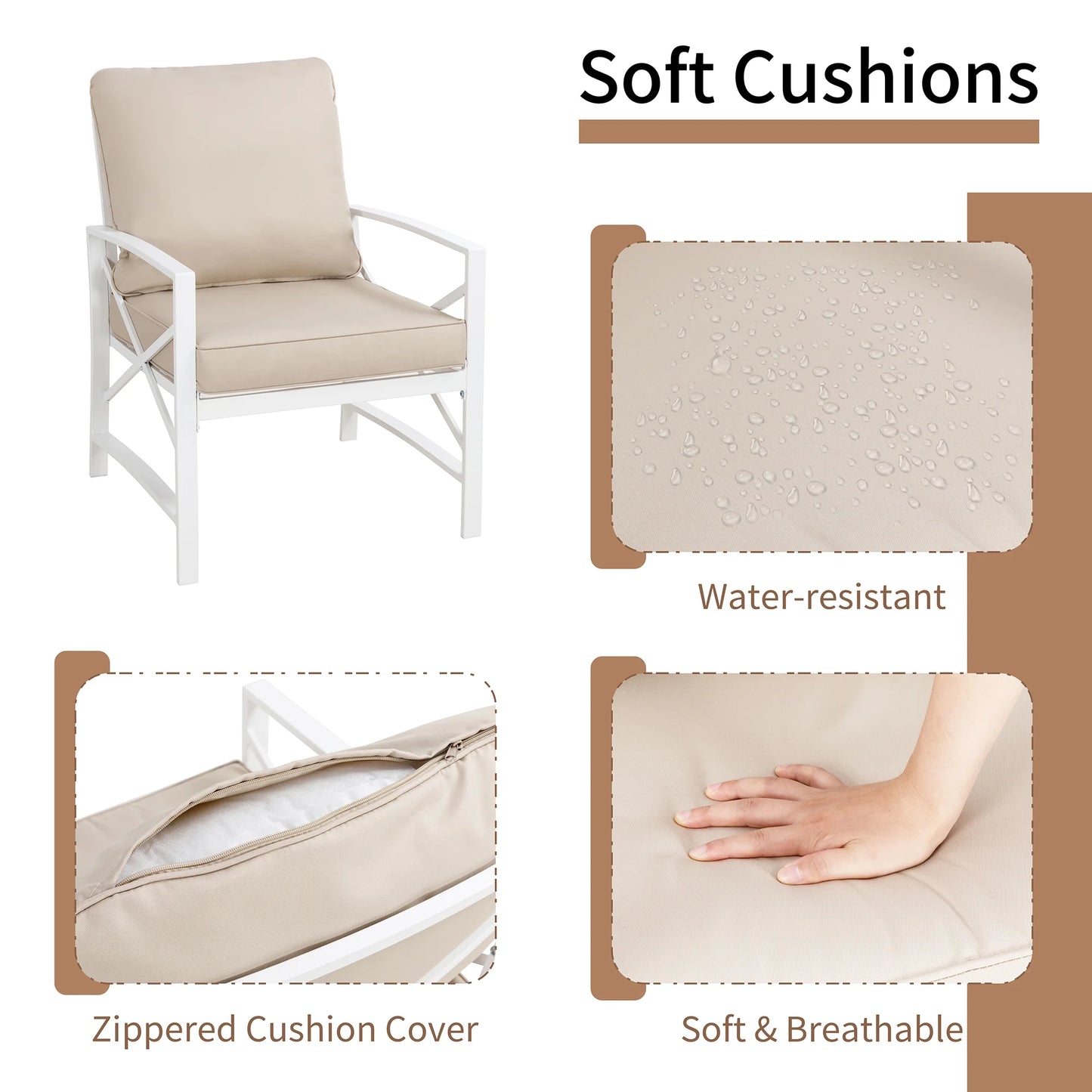 3-Piece Patio Furniture Set, Outdoor Conversation Furniture Set with Matching Side Table, Metal Sofa Chairs Detachable Cushions Khaki