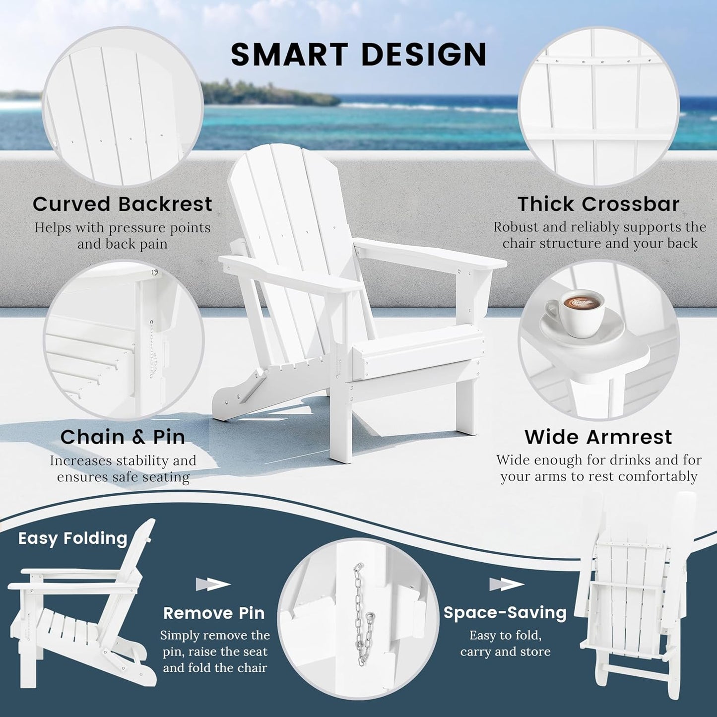 Westin Outdoors Laguna WO Home Furniture Adirondack Chair 2 PCS Set Outdoor Folding Patio Chair for Bon Fire Pit Garden Lawn Backyard Lounging Relaxing (White)