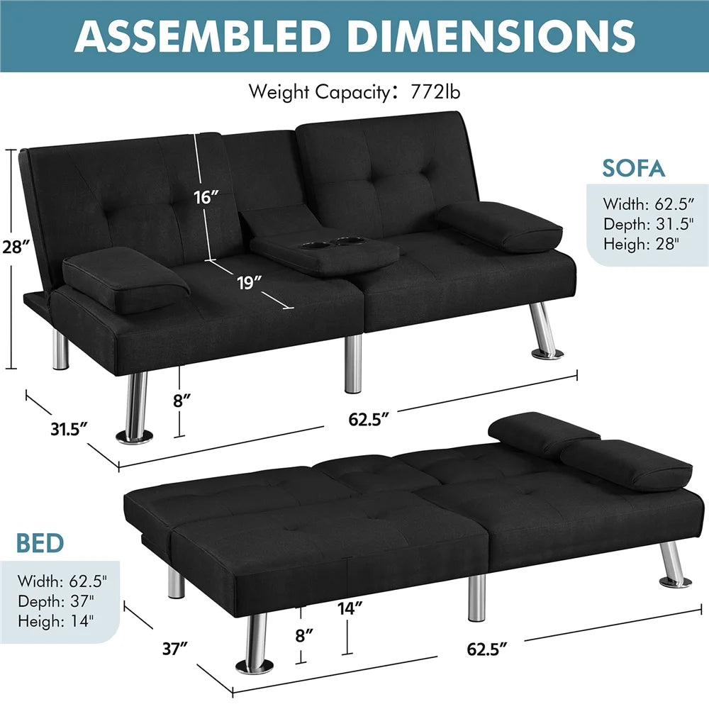 Fabric Upholstered Convertible Futon Sofa Bed with Cup Holders and Pillows, Black