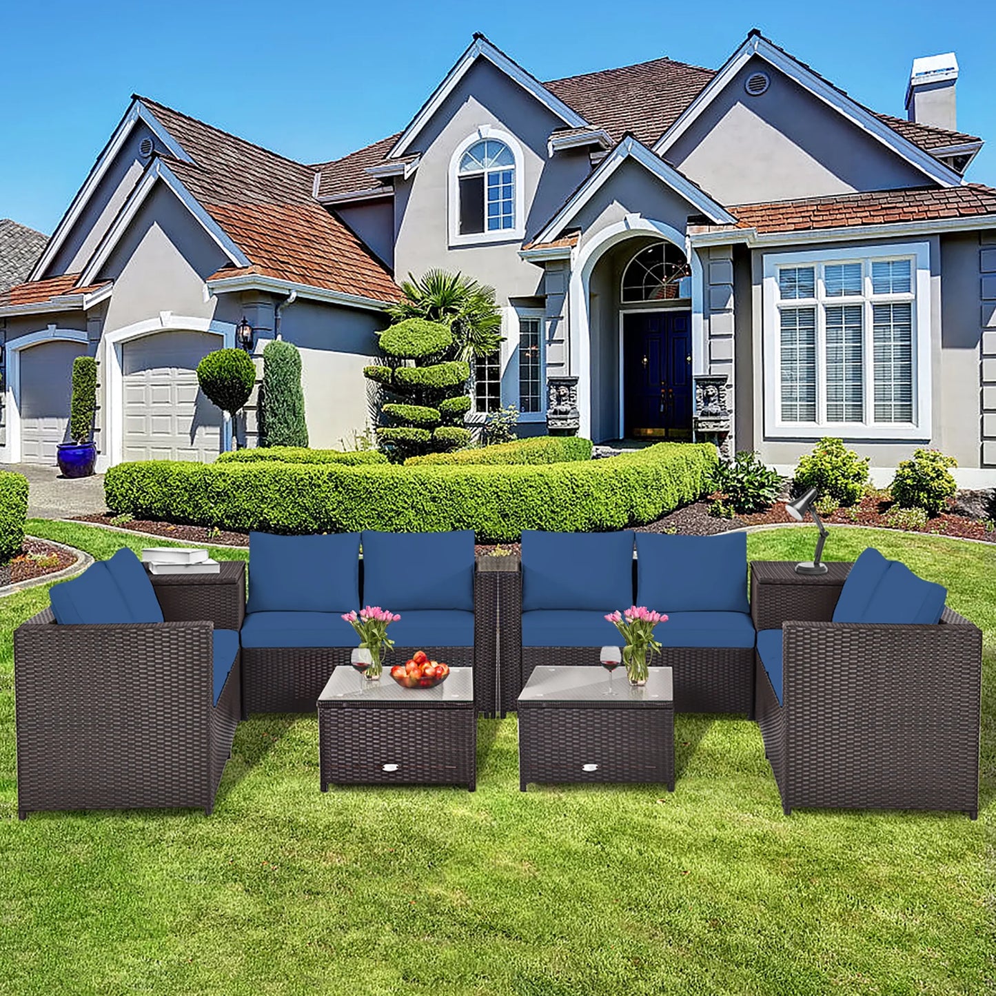 4PCS Patio Rattan Furniture Set Cushioned Loveseat Storage Table Navy