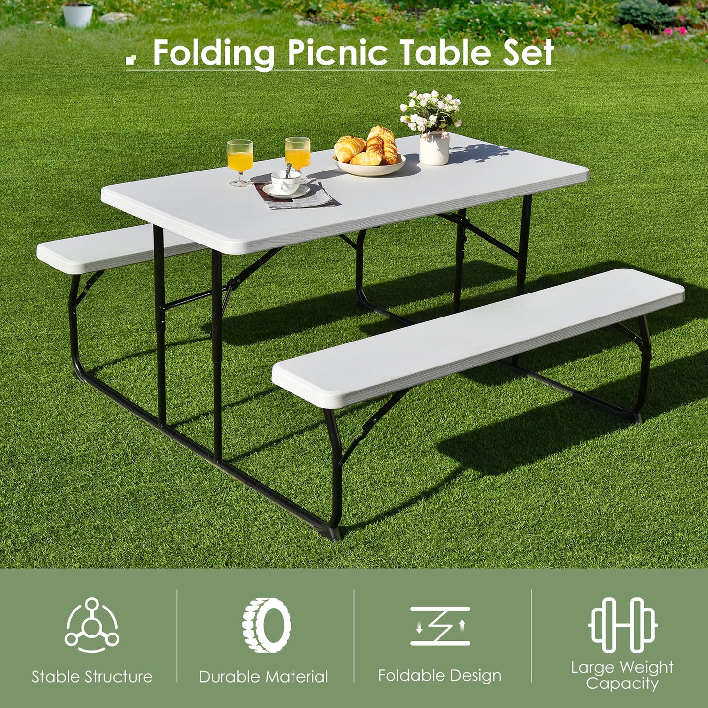 Folding Metal Picnic Table Set, White