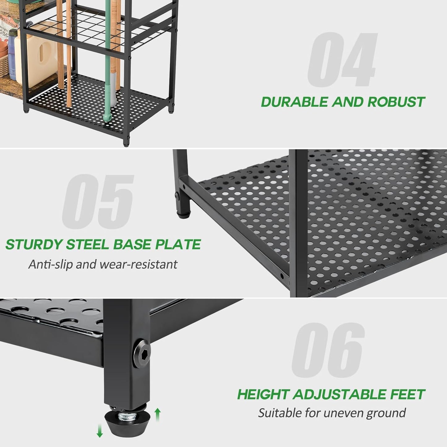 Garage Tool Organizer with 2-Tier Wooden Shelves, Yard Tool Organizer for Garage
