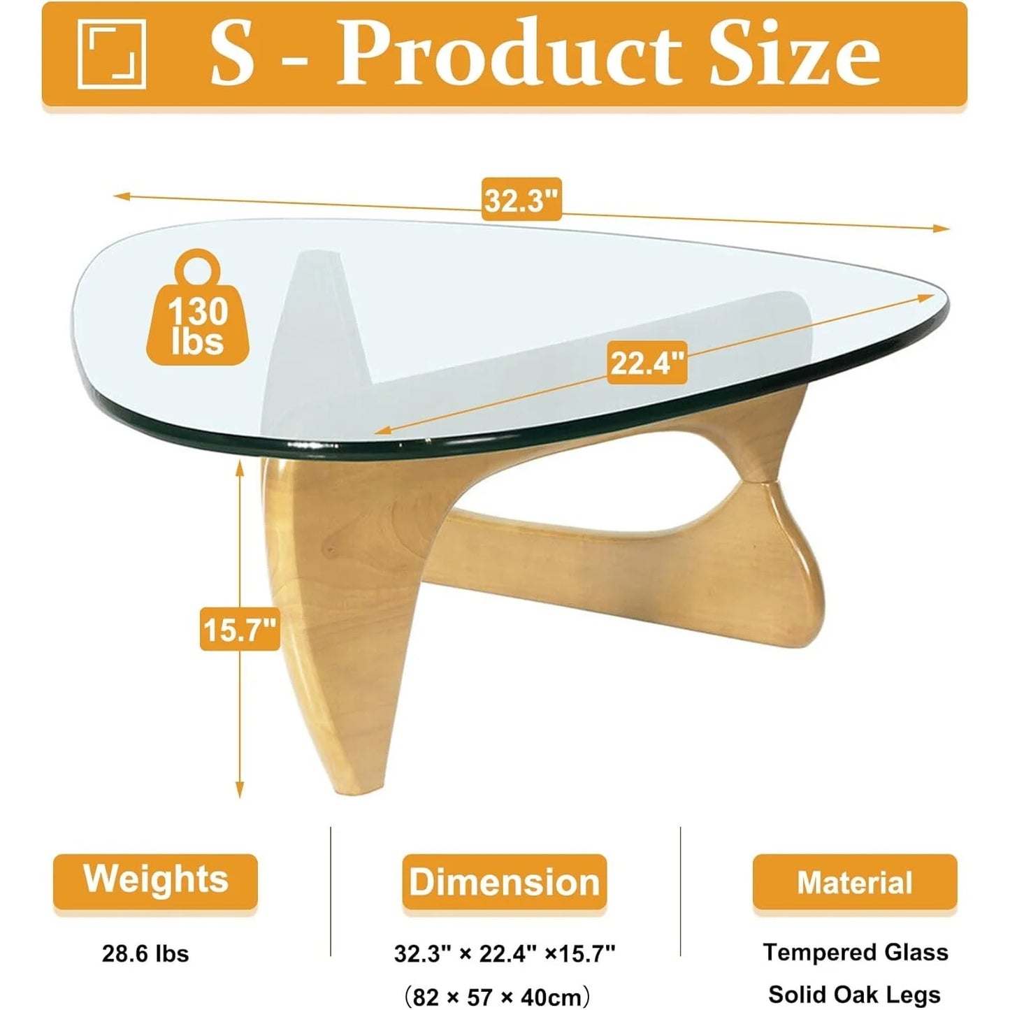 Coffee Tables for Living Room - Triangle Glass Coffee Table with Wooden Base Mid-Century Modern Abstract End Table for Study Room Office Hotel Balcony (Wood Transparent, Small 32.2 * 22.4 * 16In)