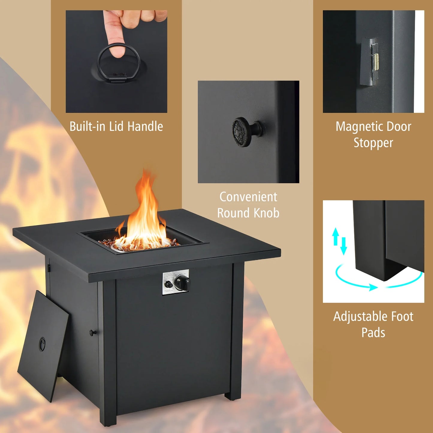 32'' Square Propane Gas Fire Pit Table with Glass Stones Rain Cover 50,000 BTU