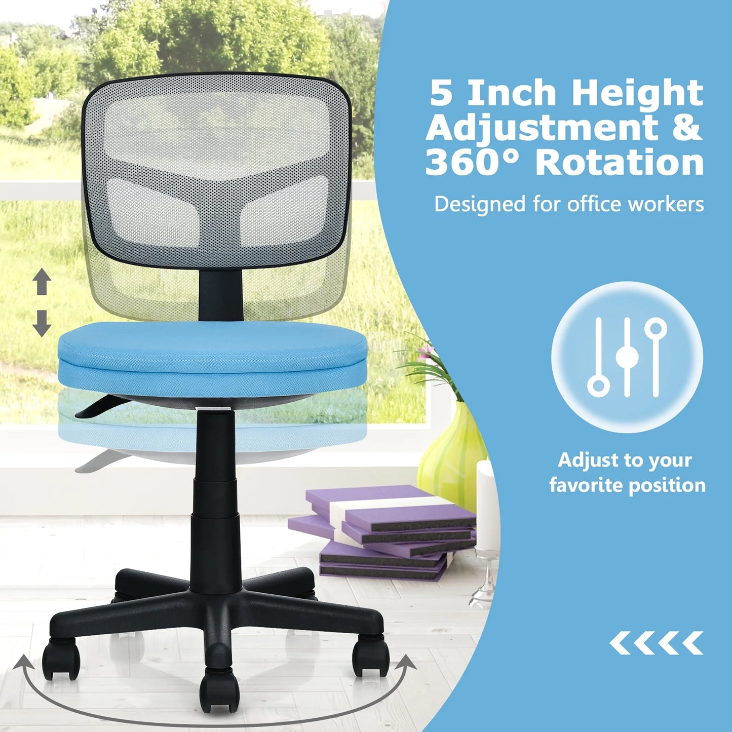 Armless Office Chair Adjustable Swivel Computer Mesh Desk Chair Blue