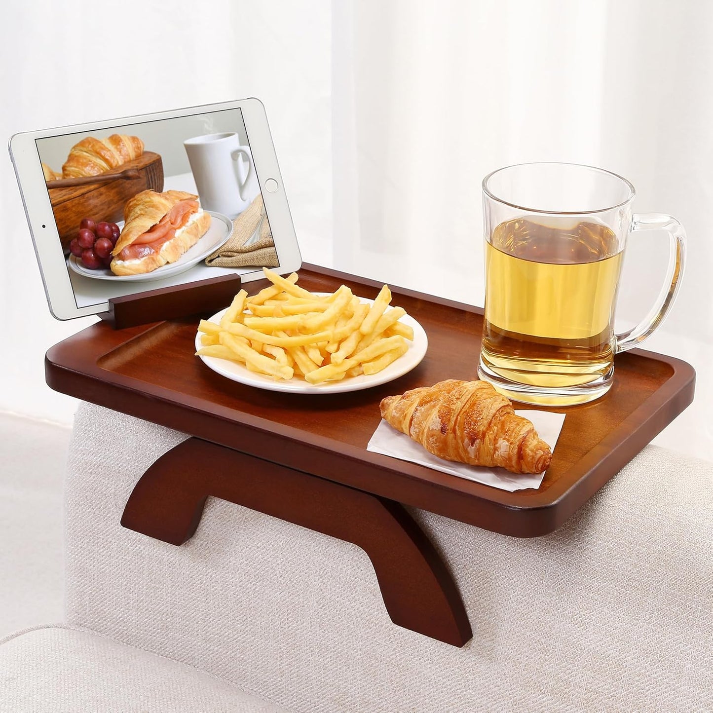 Couch Arm Table, Bamboo Sofa Clip on Tray Tables,Sofa Armrest Tray with 360° Phone Holder,Couch Armrest Table for Eating and Drinking